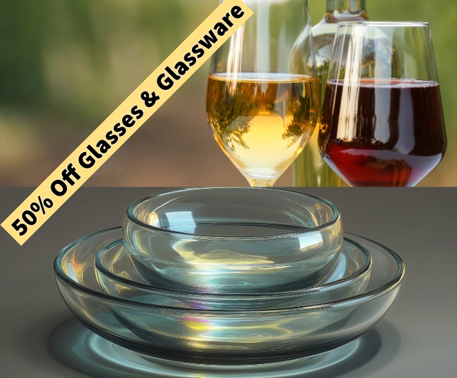 save 50% on all glasses and glassware